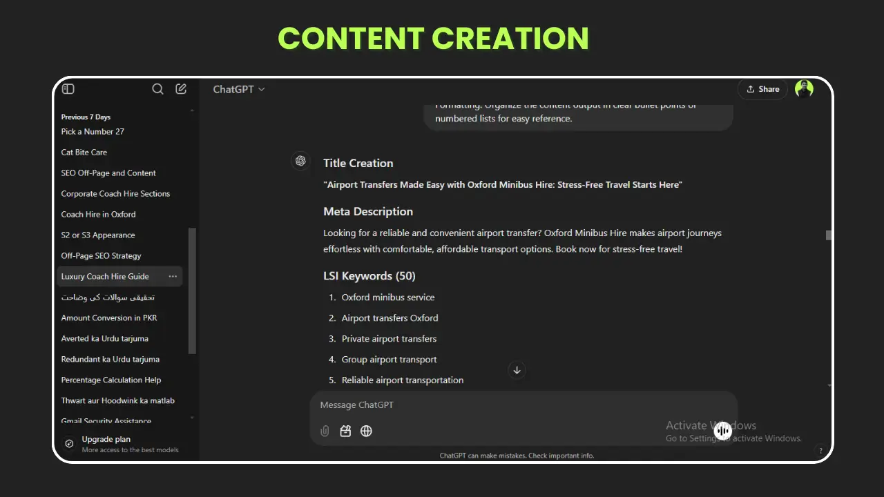 Content creation interface in ChatGPT showcasing title suggestions, meta description, and LSI keywords for an airport transfer service, emphasizing stress-free travel with Oxford Minibus Hire.