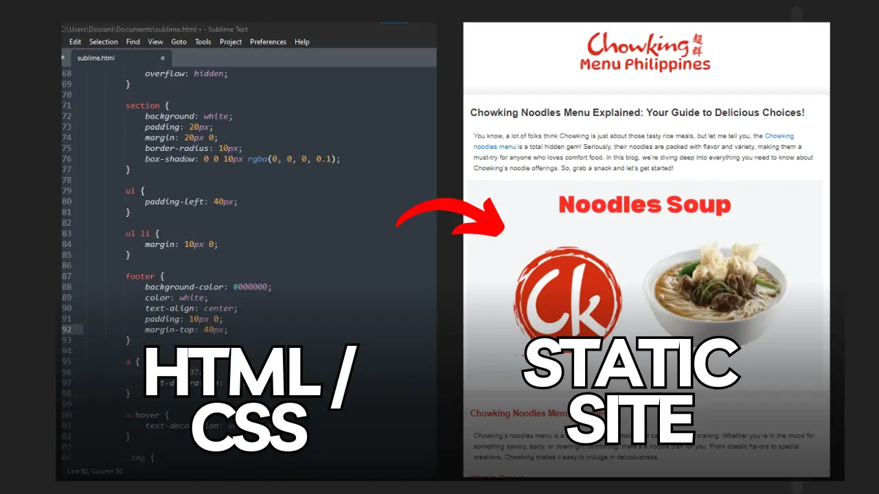 HTML and CSS code on the left side and a static site preview of a Chowking menu blog page on the right, highlighting the process of converting code into a visually appealing website.
